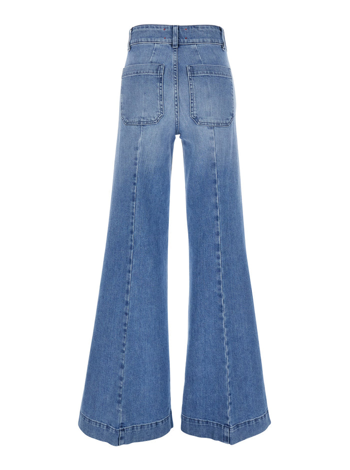 Jane Blue Trousers With Front Pockets And Washed Effect Cotton Woman Blu Jean