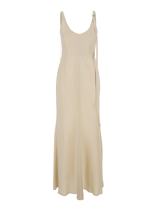Beige Long Dress With V-Neck And Adjustable Straps Viscose