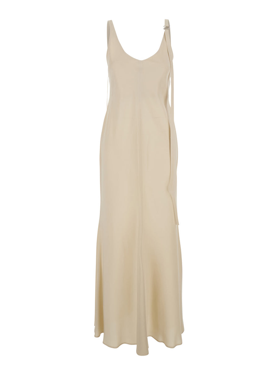 Beige Long Dress With V-Neck And Adjustable Straps Viscose