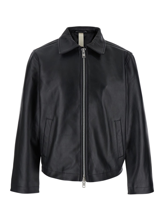 Black Crop Jacket With Classic Collar And Dropped Shoulders Leather Man
