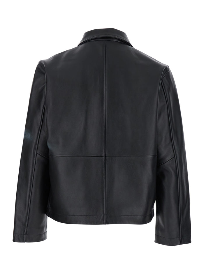 Black Crop Jacket With Classic Collar And Dropped Shoulders Leather Man
