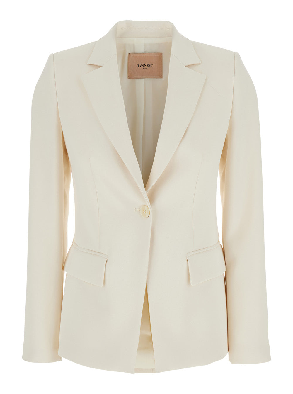 Beige Single-Breasted Jacket With Notched Revers Viscose Blend Stretch Woman Polyester Blazers