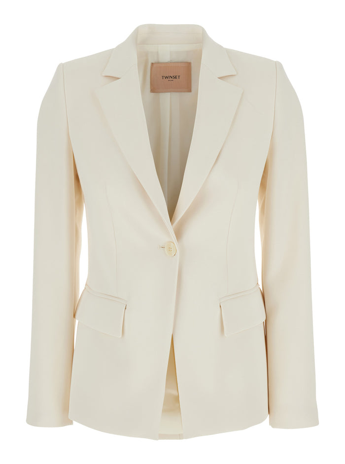 Beige Single-Breasted Jacket With Notched Revers Viscose Blend Stretch Woman Polyester Blazers