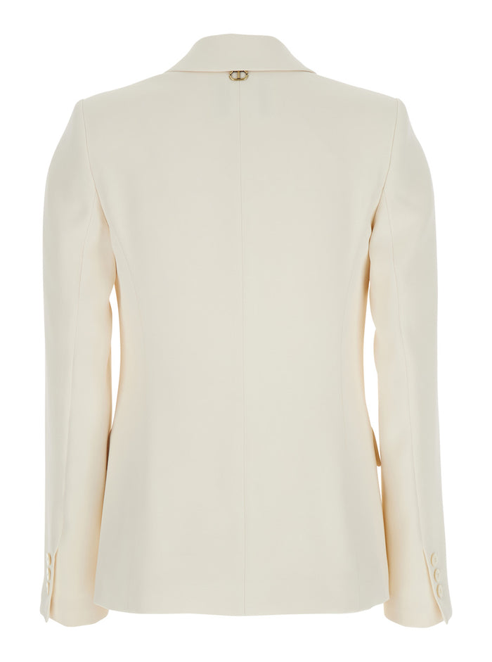 Beige Single-Breasted Jacket With Notched Revers Viscose Blend Stretch Woman Polyester Blazers