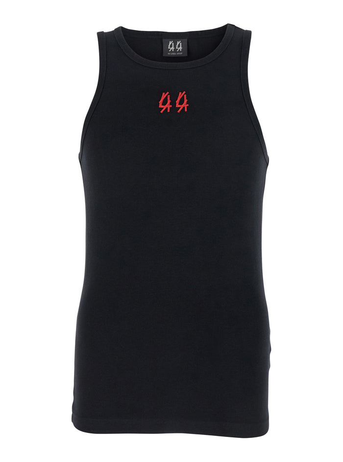 TANKTOP - Black Sleeveless Crew Neck Top with Front Embroidery in Cotton for Women Elastane Tops