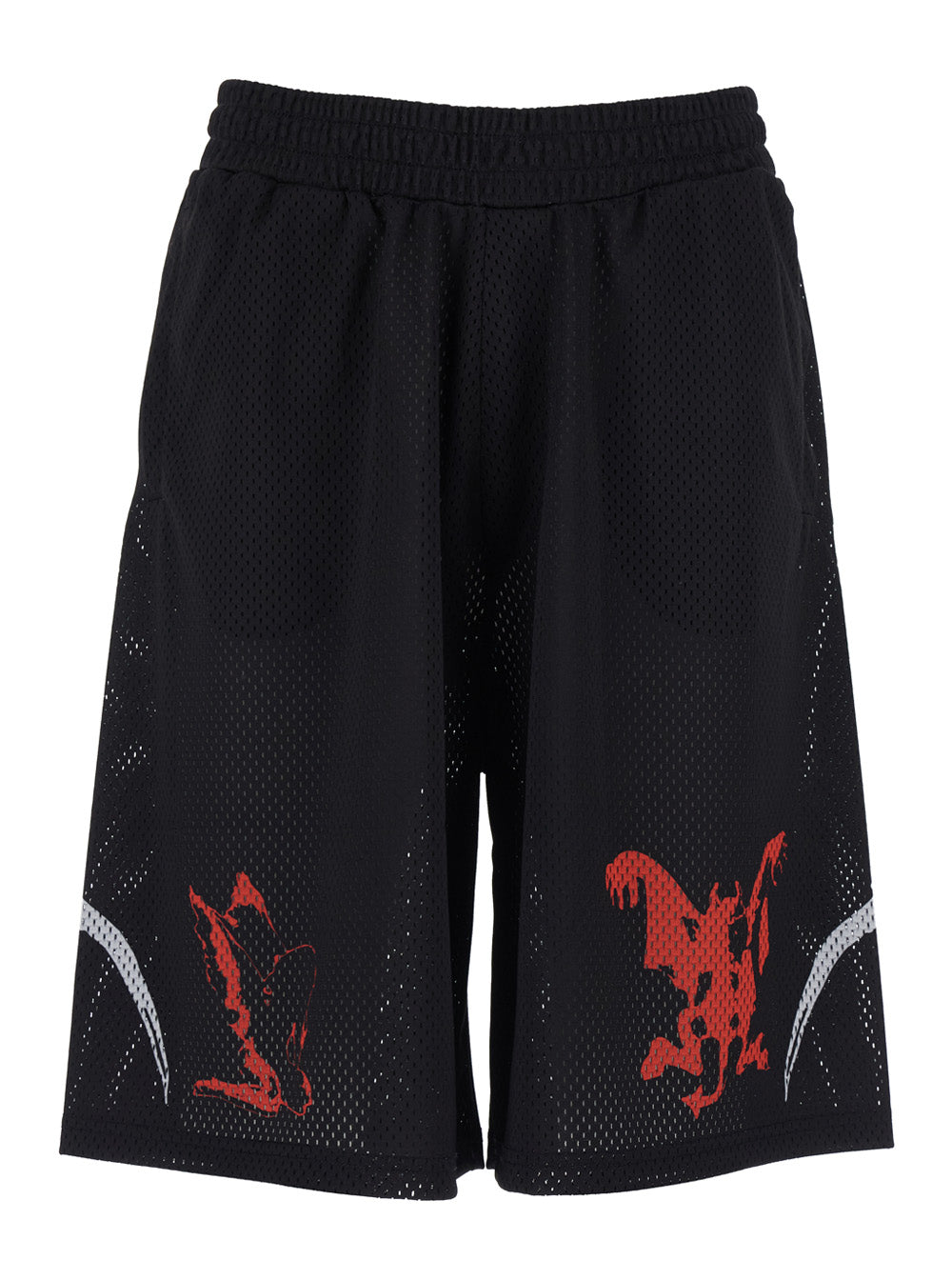 Black Tech Fabric Shorts with Perforated Design and Elastic Waist Polyester Bermuda