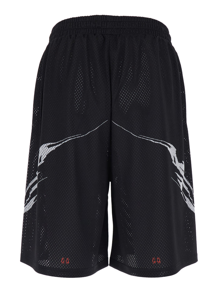 Black Tech Fabric Shorts with Perforated Design and Elastic Waist Polyester Bermuda