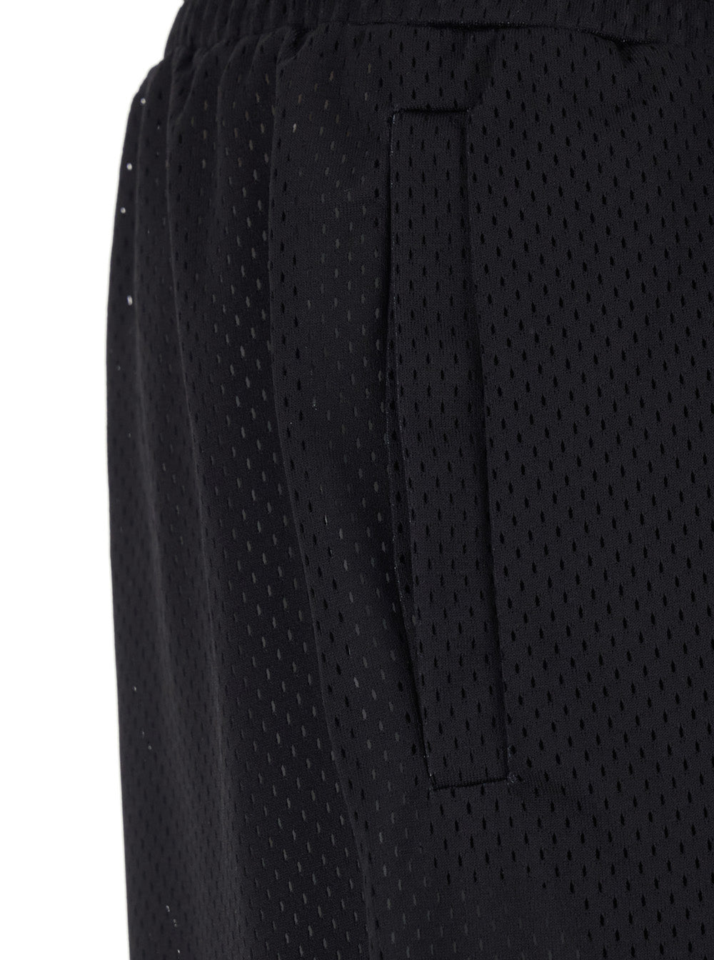 Black Tech Fabric Shorts with Perforated Design and Elastic Waist Polyester Bermuda