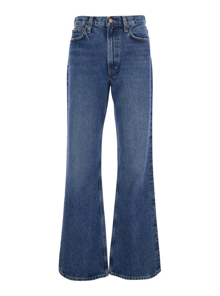 Wide Five-Pocket Jeans With Bleach Effect Blue Denim Blu