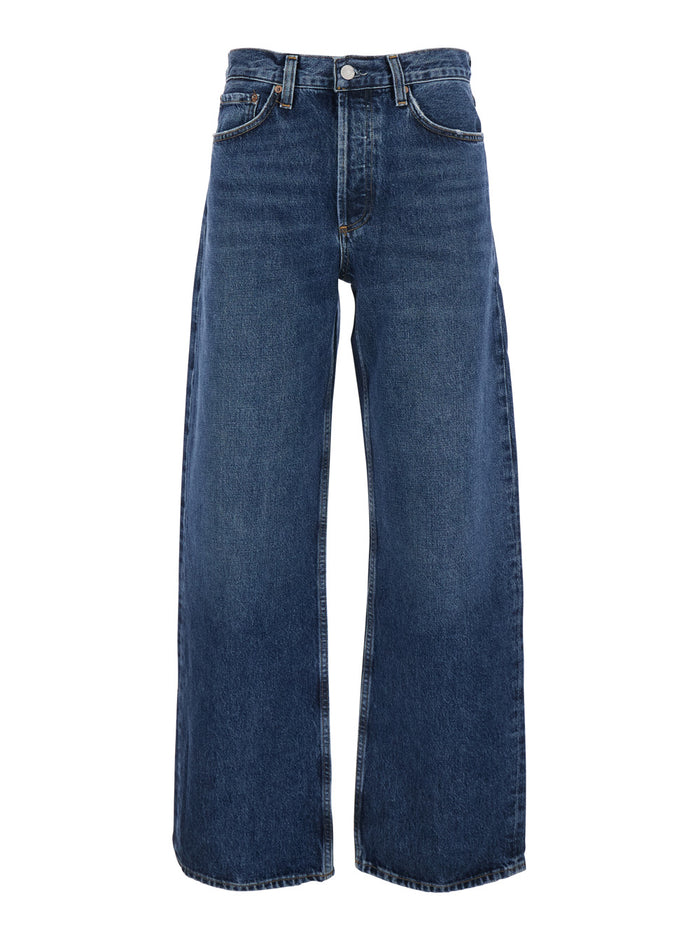 Womens Blue Denim Arc Jeans with Logo Patch on the Back and Wide Leg Blu Regenerative Cotton