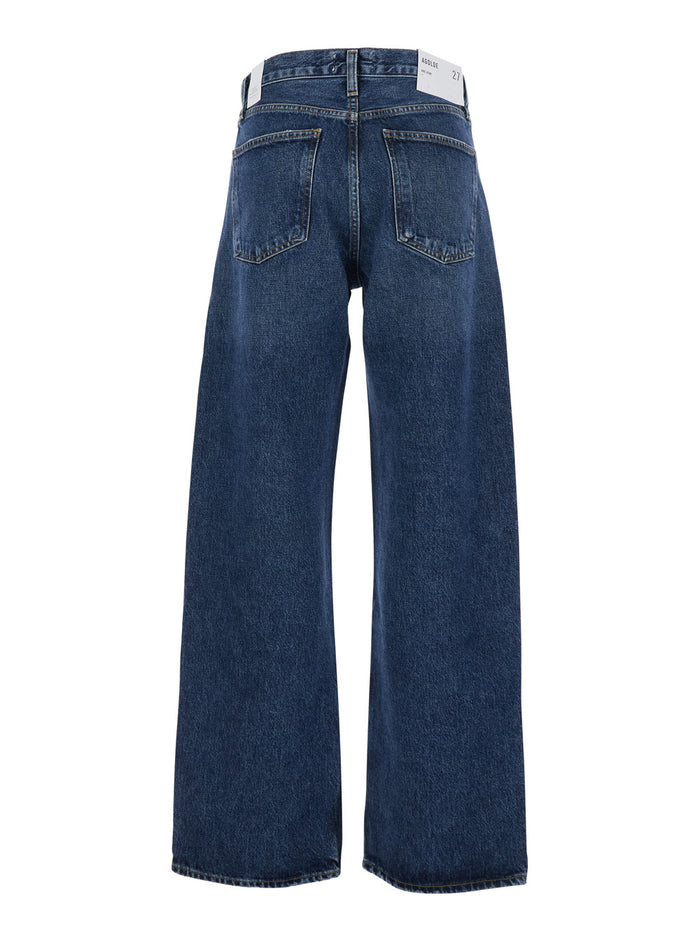 Womens Blue Denim Arc Jeans with Logo Patch on the Back and Wide Leg Blu Regenerative Cotton