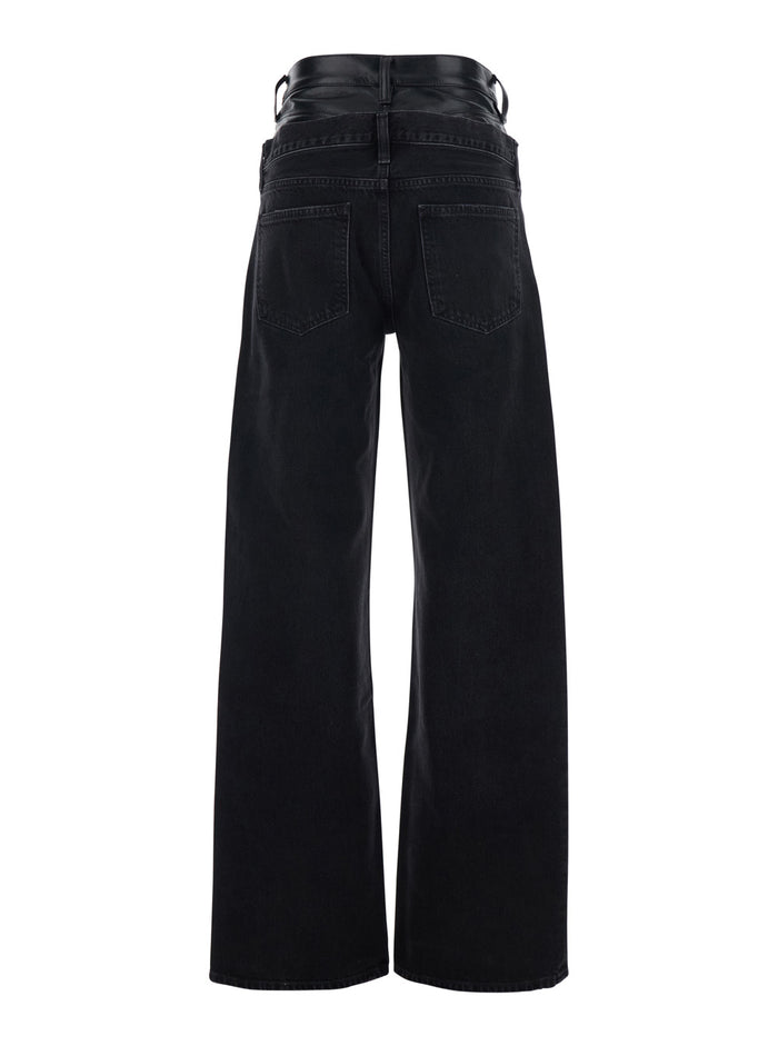 Elson Double Waist Jeans with Leather Details in Black Denim for Women Regenerative Cotton