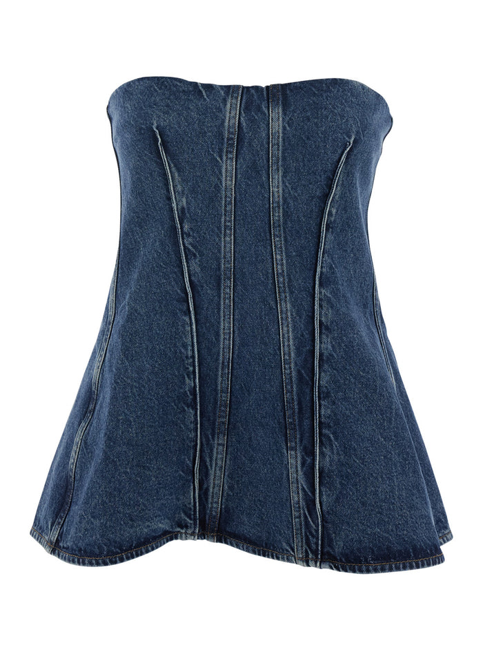 Top Lara with Trapeze Design and Back Closure in Blue Denim for Women Blu Tops