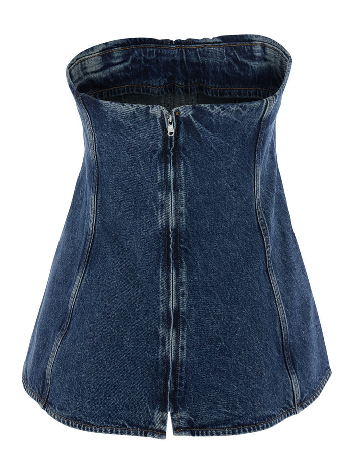 Top Lara with Trapeze Design and Back Closure in Blue Denim for Women Blu Tops