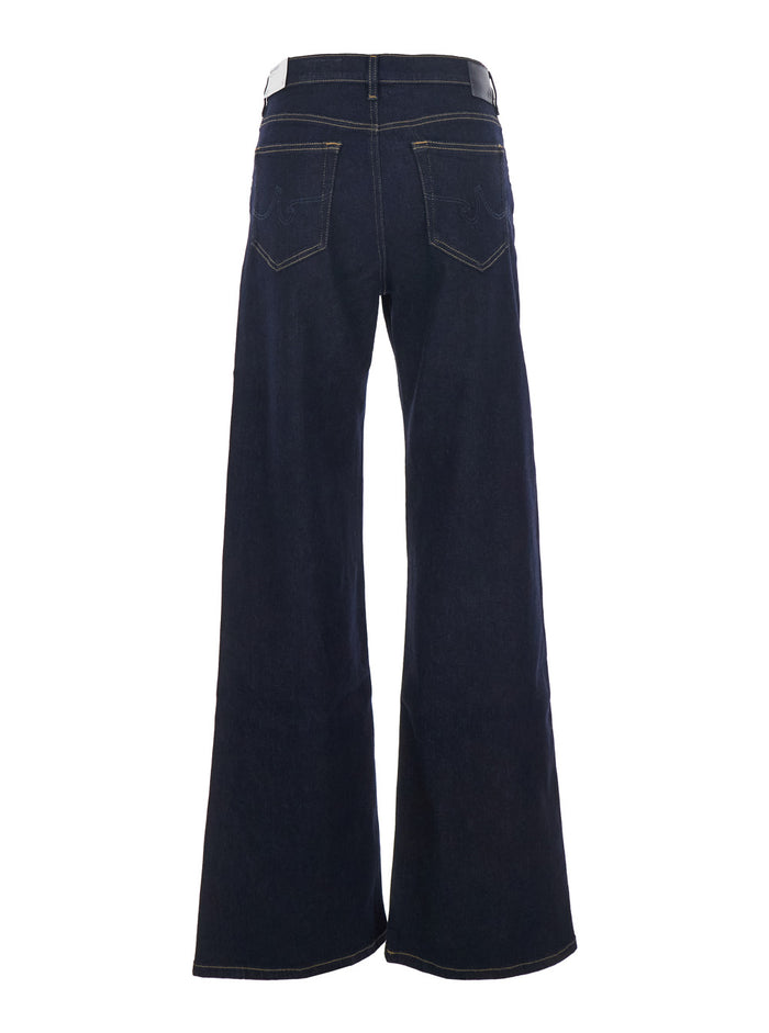 Wide Leg Jeans with Logo Patch on the Back in Blue Denim for Women Blu