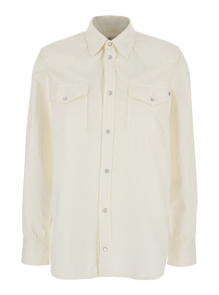 Noiki White Shirt with Pointed Collar and Two Patch Pockets on the Front in Cotton for Women Blouses