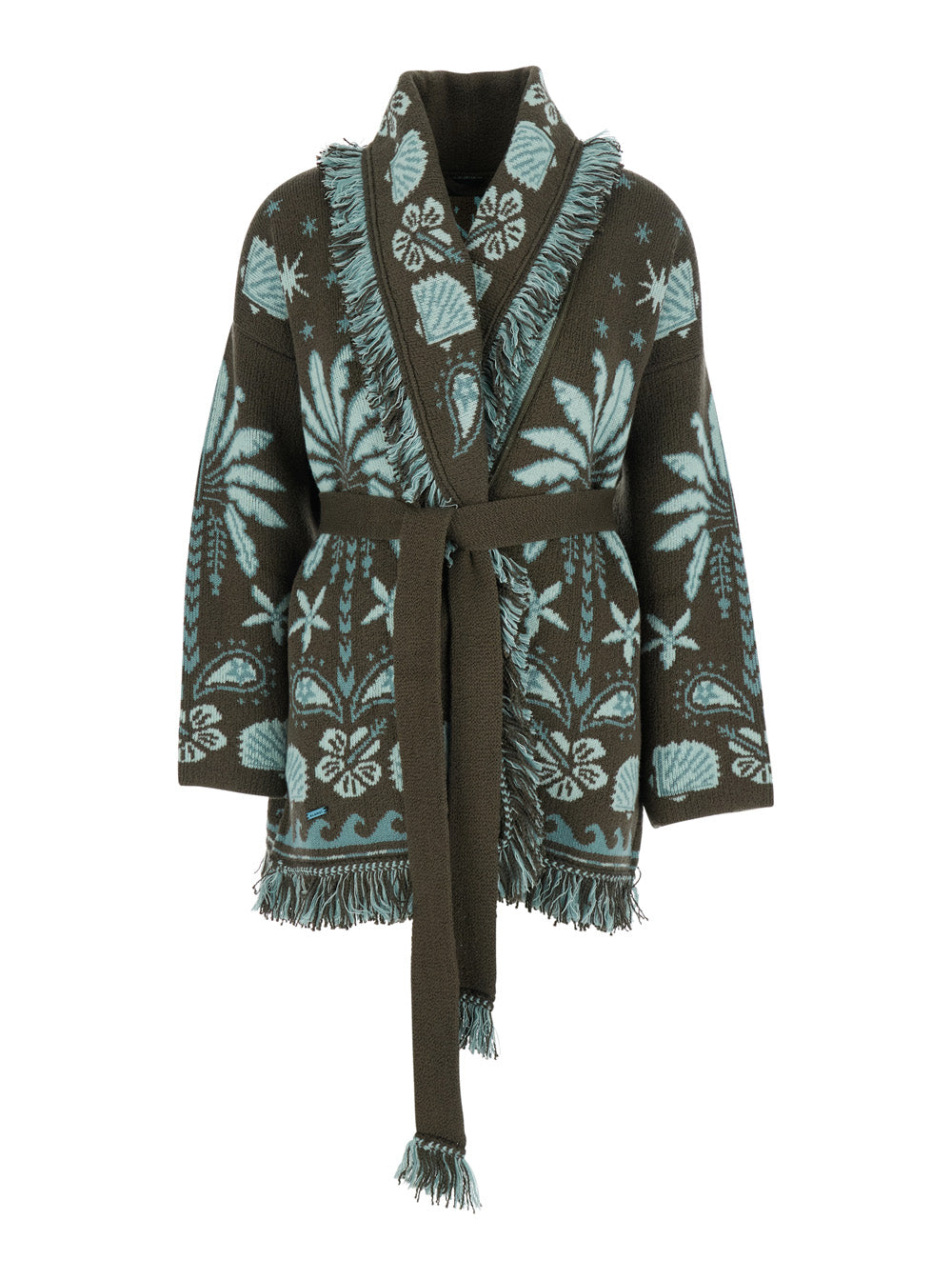 Cardigan Echoes Of The Island with Geometric Motif and Frayed Hem in Multicolor Wool for Women Jersey