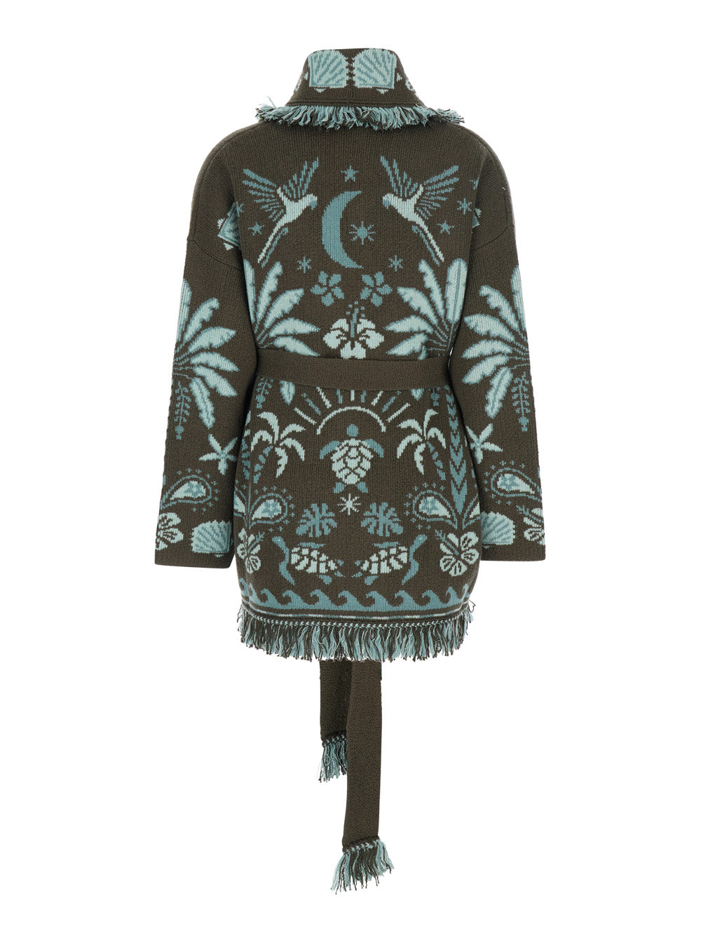 Cardigan Echoes Of The Island with Geometric Motif and Frayed Hem in Multicolor Wool for Women Jersey