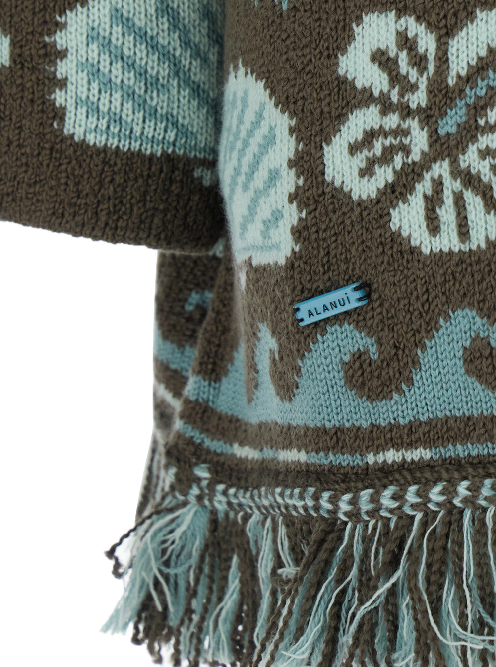 Cardigan Echoes Of The Island with Geometric Motif and Frayed Hem in Multicolor Wool for Women Jersey