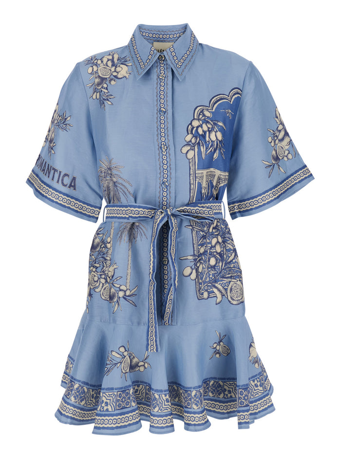 Villa Romantica Blue Mini Dress With Front Belt And All-Over Floral Motif Linen Blend For Women Light Viscose