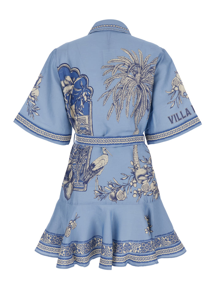 Villa Romantica Blue Mini Dress With Front Belt And All-Over Floral Motif Linen Blend For Women Light Viscose