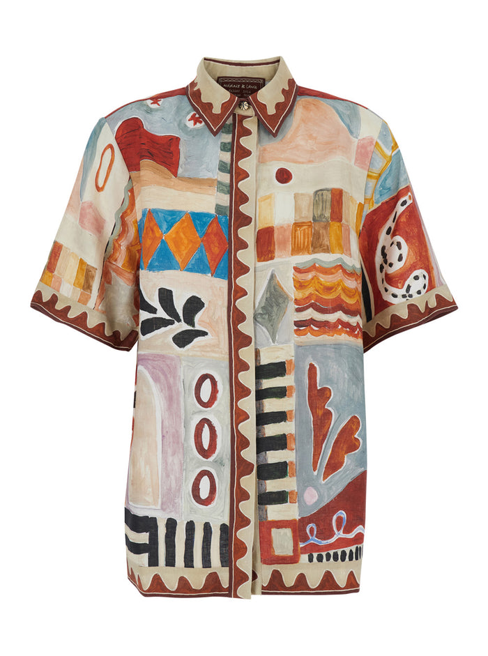 Shirt Michelle with Classic Collar and All-Over Geometric Motif in Multicolor Linen for Women Blouses