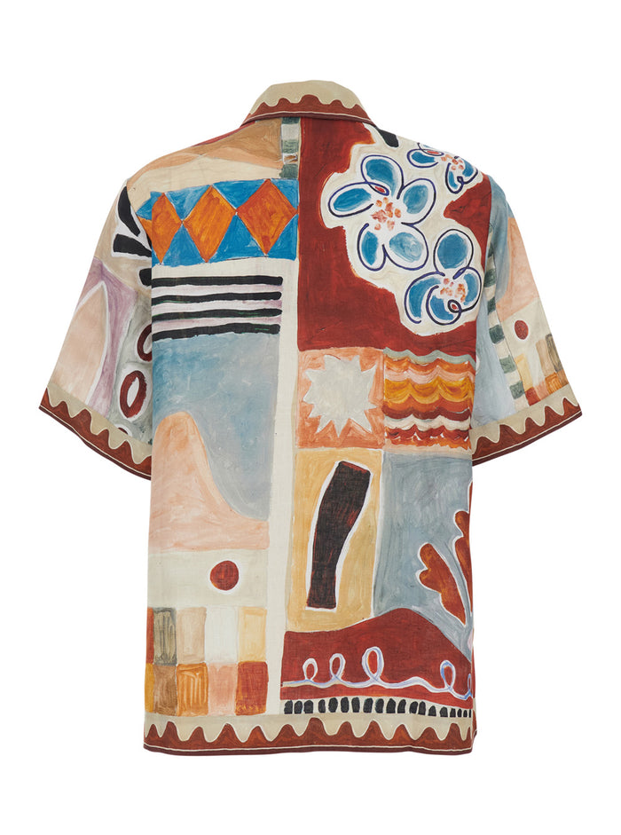 Shirt Michelle with Classic Collar and All-Over Geometric Motif in Multicolor Linen for Women Blouses