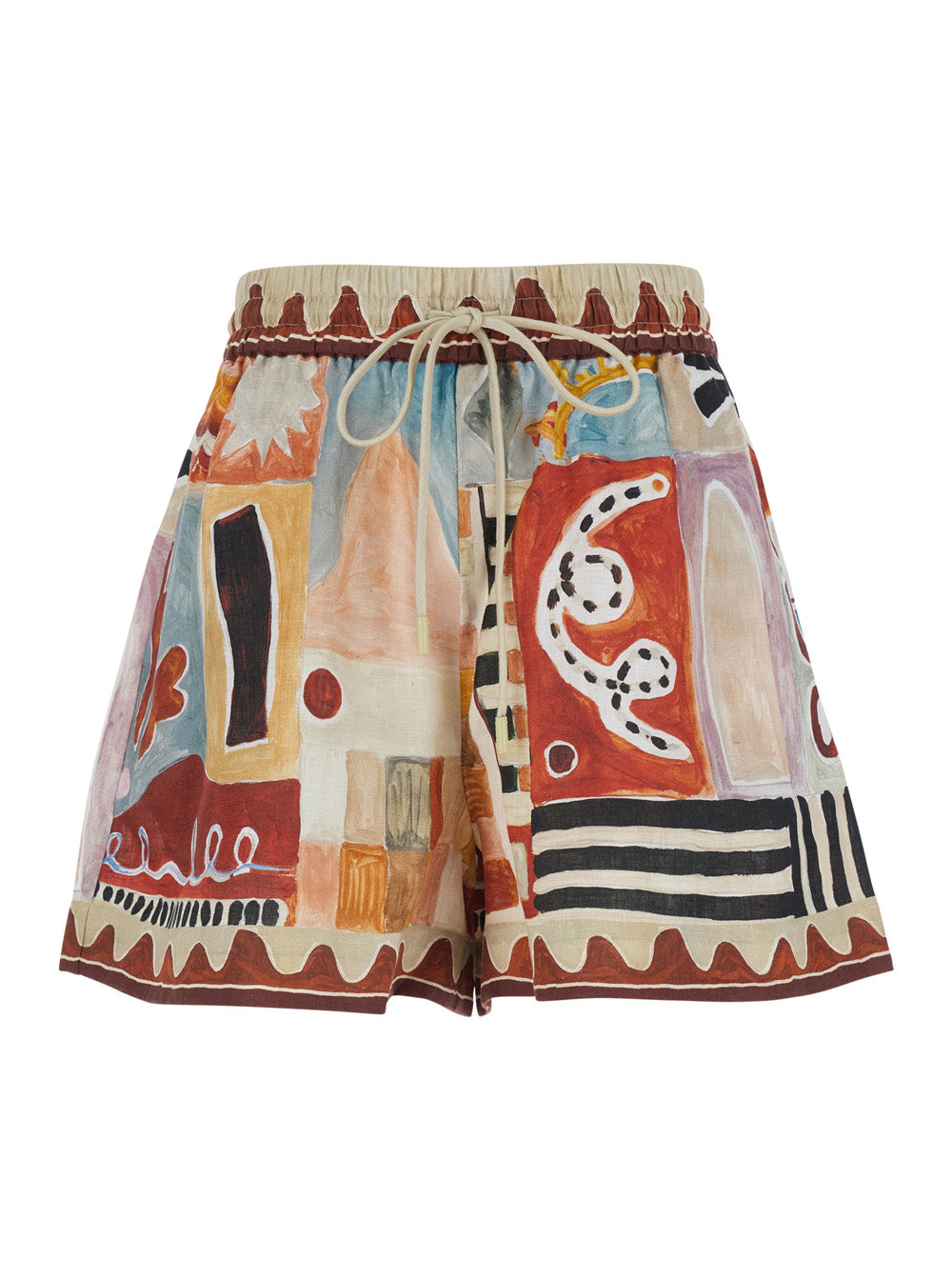 Michelle Shorts with Drawstring Waist and All-Over Geometric Motif in Multicolor Linen for Women Bermuda