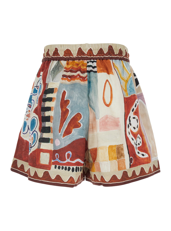 Michelle Shorts with Drawstring Waist and All-Over Geometric Motif in Multicolor Linen for Women Bermuda