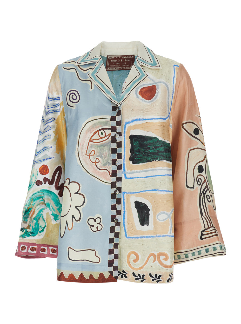 Michelle Shirt with Cuban Collar and All-Over Geometric Motif in Multicolor Silk for Women Blouses