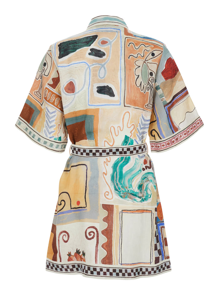 Michelle Multicolor Mini Dress With Classic Collar And All-Over Geometric Motif Linen For Women
