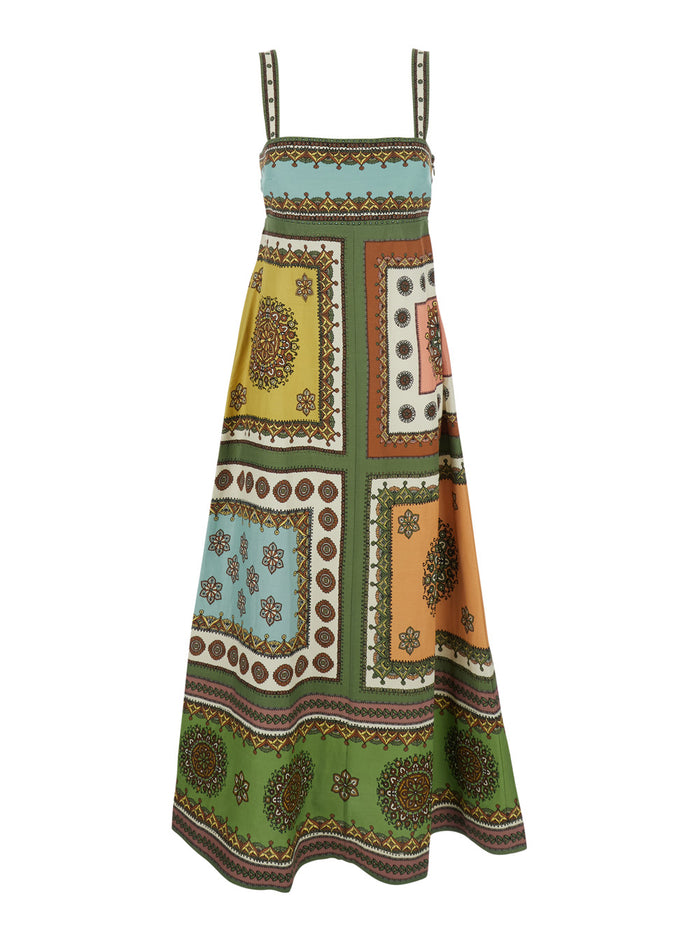 Long Dress Contina with Square Neckline and All-Over Geometric Print in Multicolor Viscose Blend for Women Linen