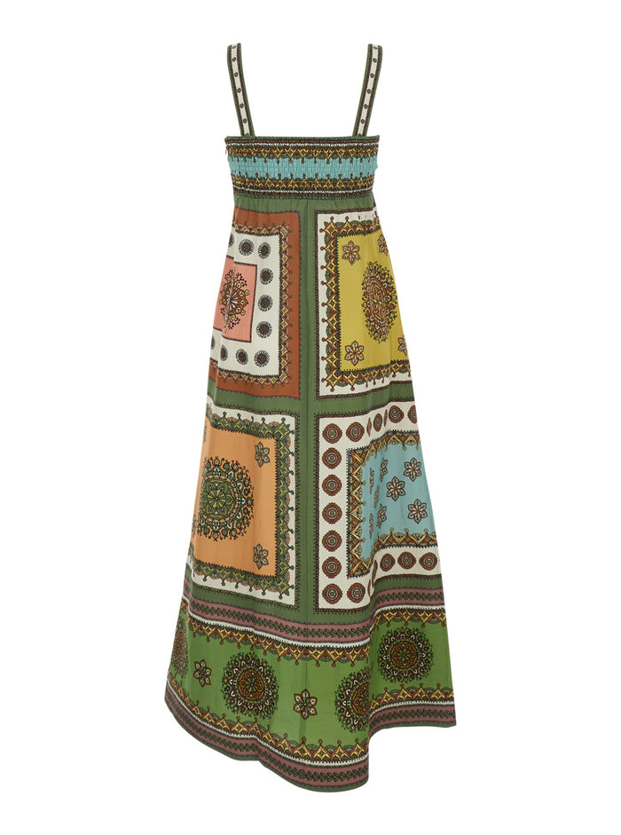 Long Dress Contina with Square Neckline and All-Over Geometric Print in Multicolor Viscose Blend for Women Linen