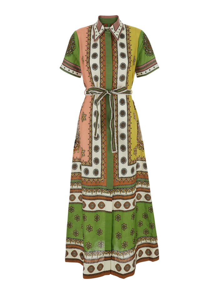 Contina Multicolor Long Dress With Front Belt And All-Over Print Linen For Women