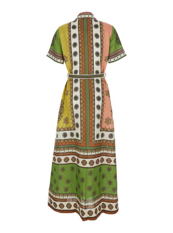 Contina Multicolor Long Dress With Front Belt And All-Over Print Linen For Women