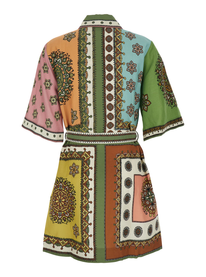 Mini Dress Contina with Front Belt and All-Over Print in Multicolor Viscose Blend for Women Linen