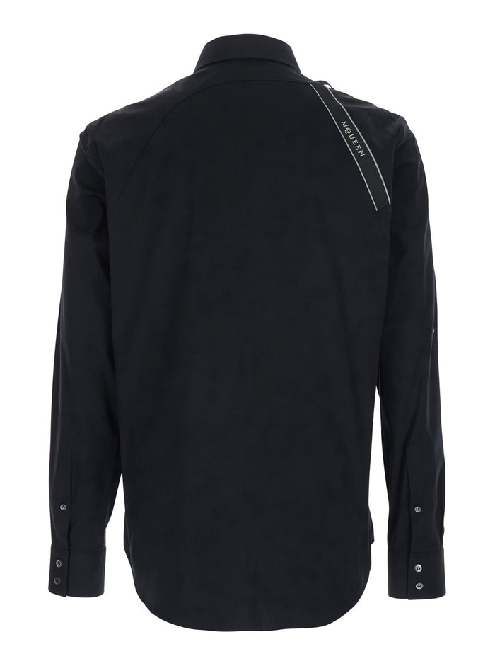 Shirt with Classic Collar and Buckle Detail in Black Cotton for Men Elastane Blouses