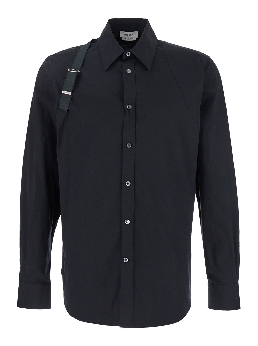 Black Harness Shirt with Classic Collar and Strap Detail on Sleeve in Cotton for Men Elastane Blouses