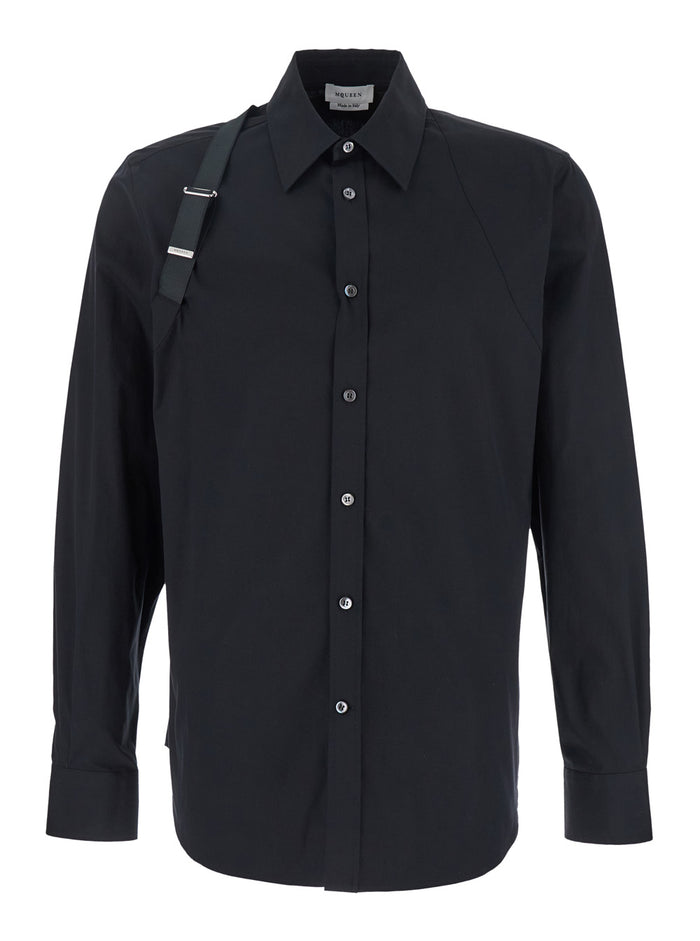 Black Harness Shirt with Classic Collar and Strap Detail on Sleeve in Cotton for Men Elastane Blouses