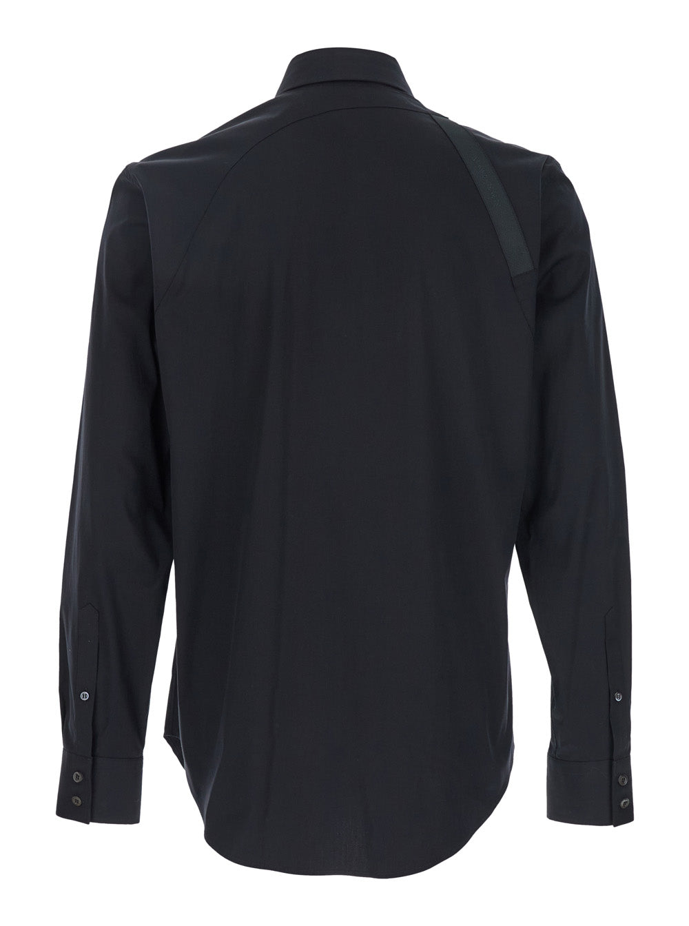 Black Harness Shirt with Classic Collar and Strap Detail on Sleeve in Cotton for Men Elastane Blouses