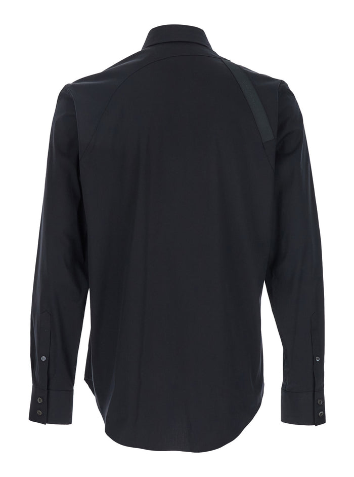 Black Harness Shirt with Classic Collar and Strap Detail on Sleeve in Cotton for Men Elastane Blouses