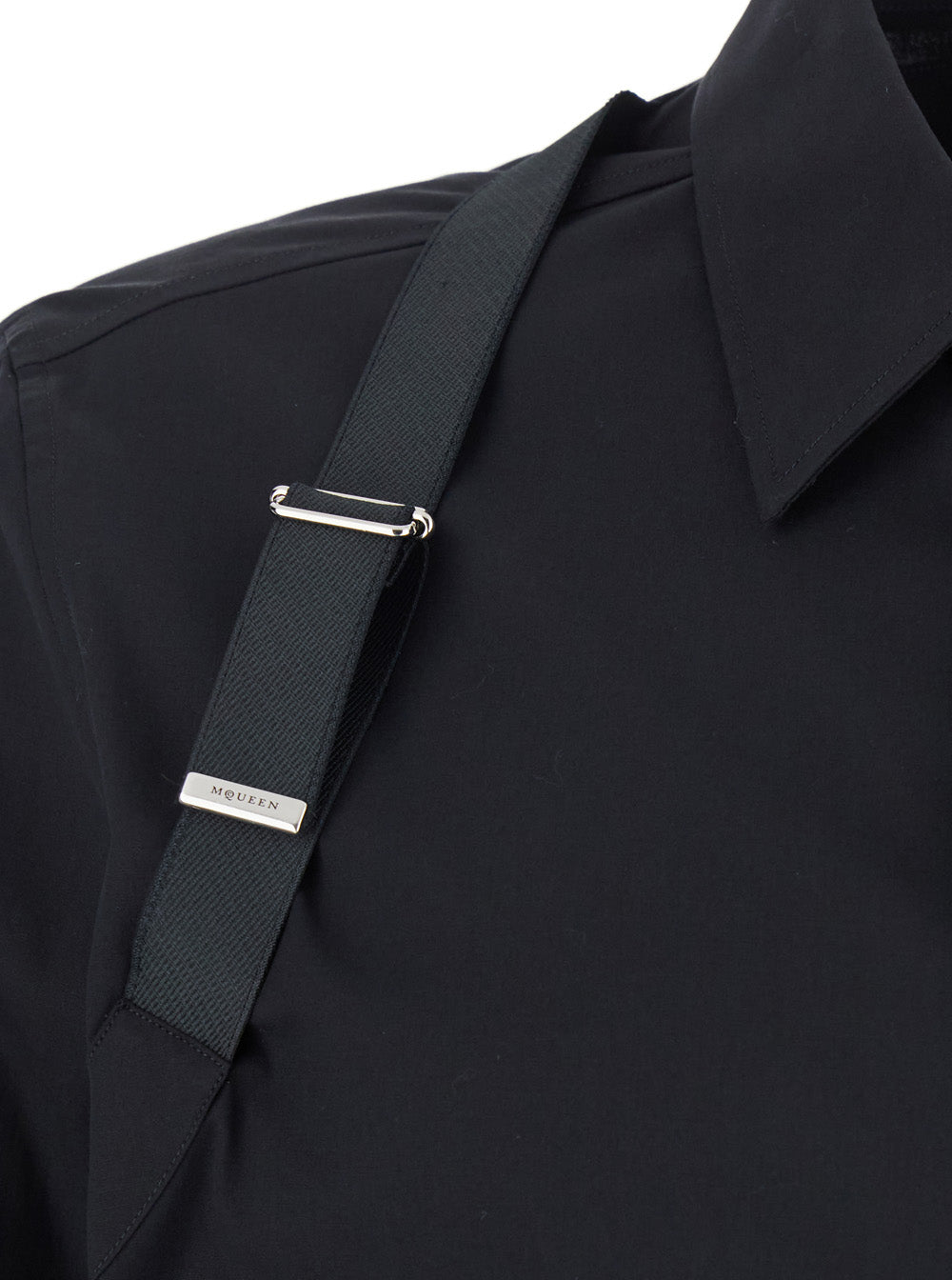 Black Harness Shirt with Classic Collar and Strap Detail on Sleeve in Cotton for Men Elastane Blouses
