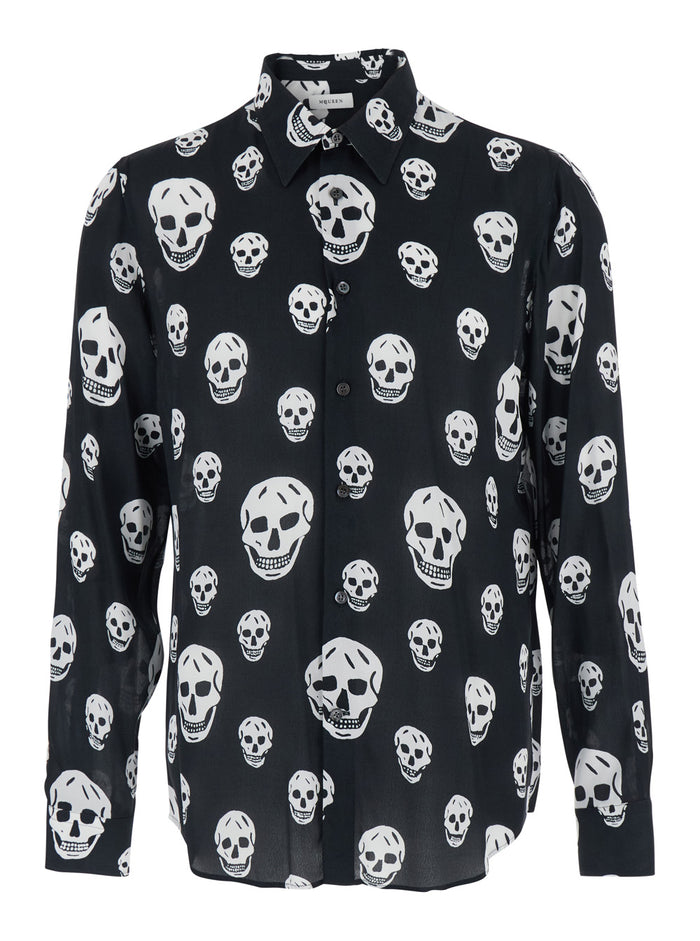 Black Pointed Collar Shirt with All-Over Skull Print for Men Viscose And Blouses