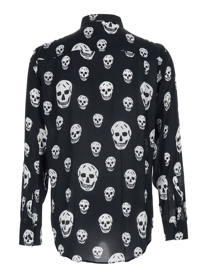 Black Pointed Collar Shirt with All-Over Skull Print for Men Viscose And Blouses