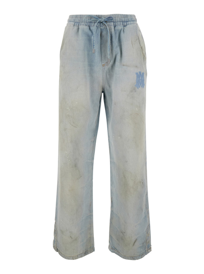 Blue Pants with Elastic Waistband and Drawstring Logo Patch on the Front in Cotton for Men Light Trousers