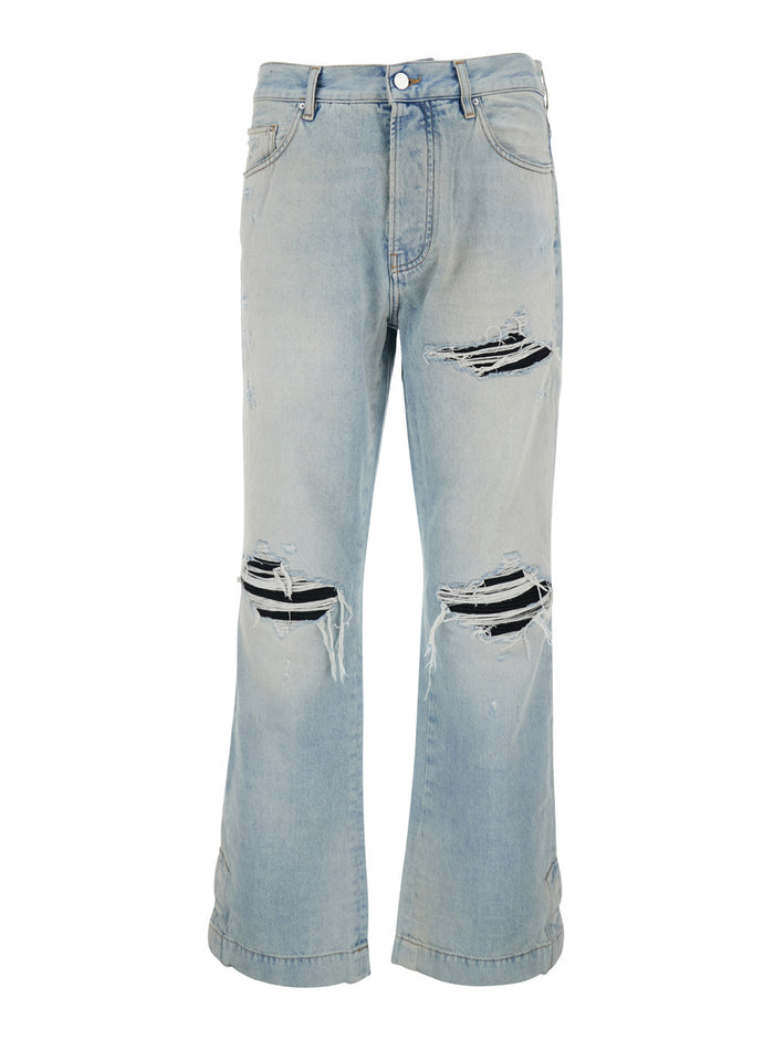 Mens Light Blue Denim Jeans with Ripped Details and Logo Patch on the Back Cotton