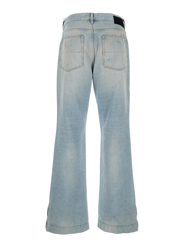 Mens Light Blue Denim Jeans with Ripped Details and Logo Patch on the Back Cotton