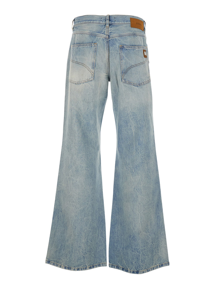 Light Blue Jeans with Logo Patch on the Back and Faded Effect in Denim for Men Cotton