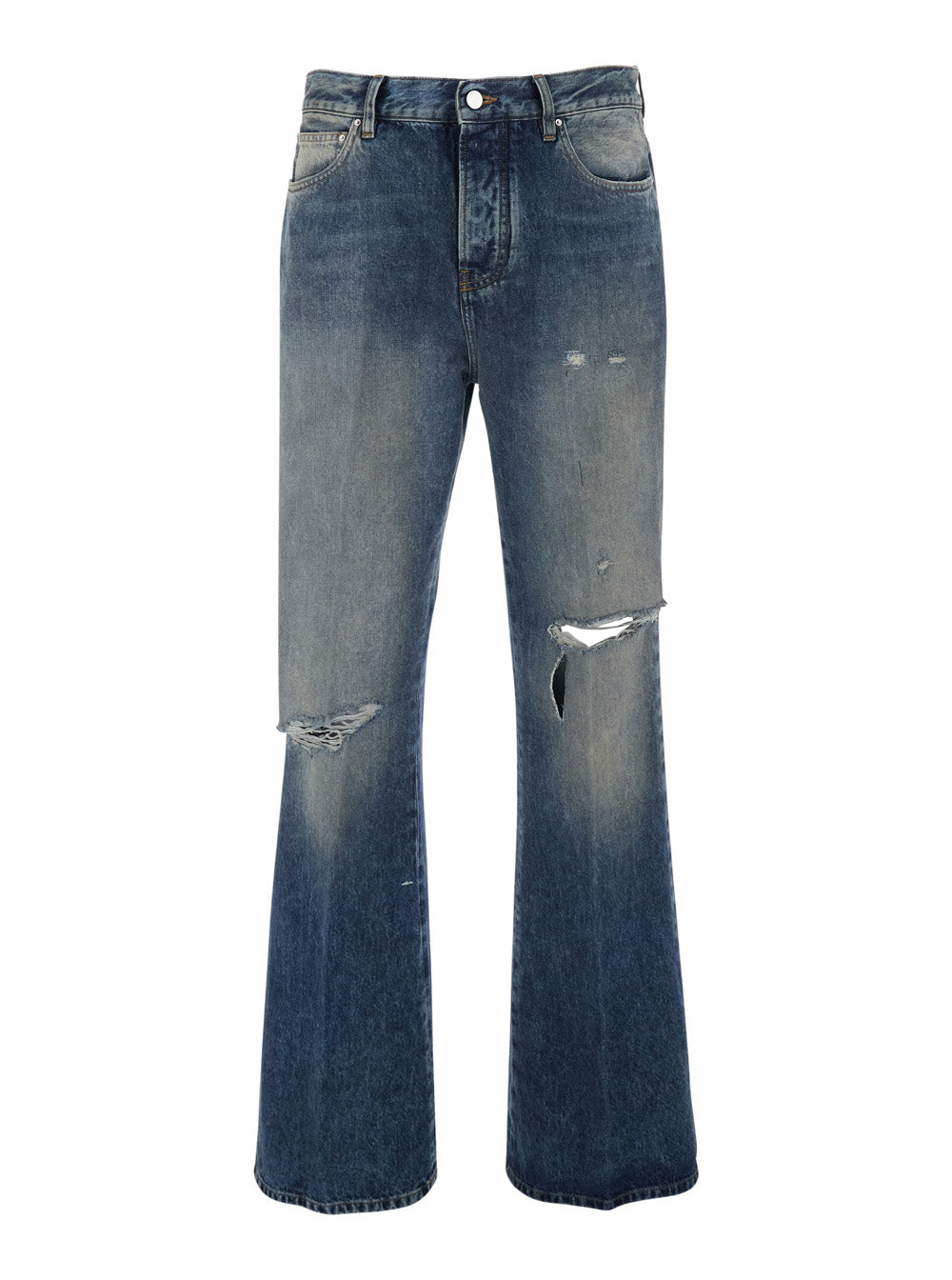 Blue Mens Jeans with Front Rips and Logo Patch on the Back Blu Cotton