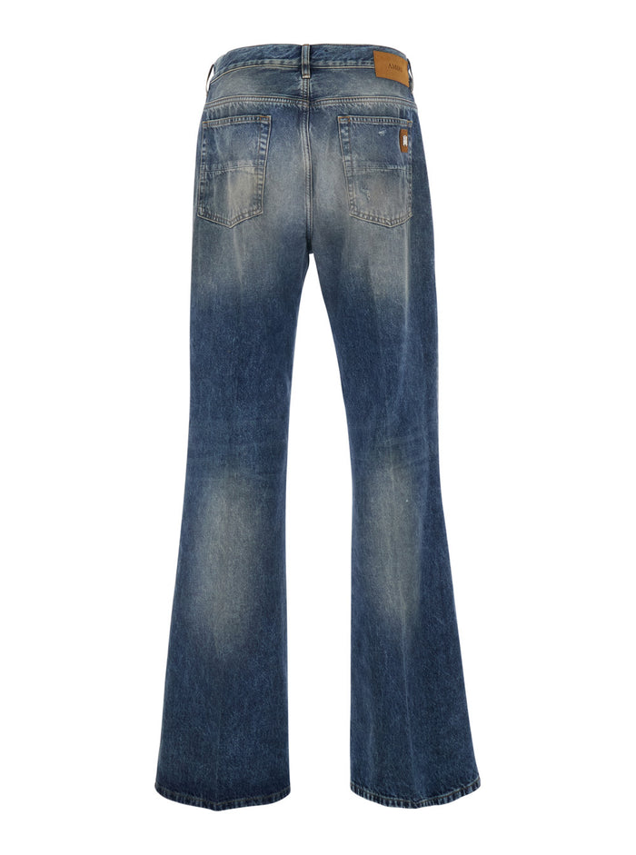 Blue Mens Jeans with Front Rips and Logo Patch on the Back Blu Cotton